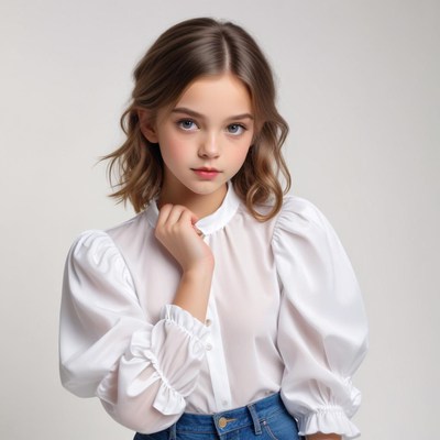 Young girl poses in stylish white blouse with denim jeans