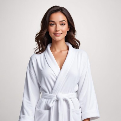 Woman in white robe smiling for the camera indoors