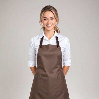 Woman in apron smiles confidently in a professional setting