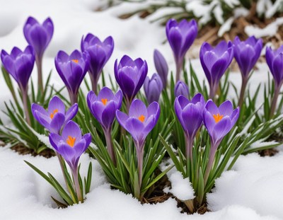 Purple crocuses blooming in snow on a winter day