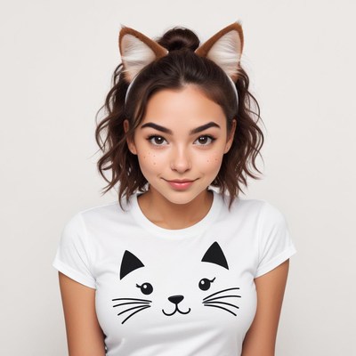 Young woman in a cat-themed outfit posing indoors