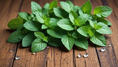 Fresh mint leaves arranged on a wooden table surface