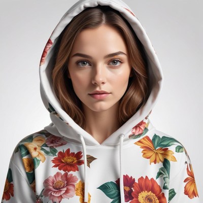 Young woman wearing floral hoodie with serious expression