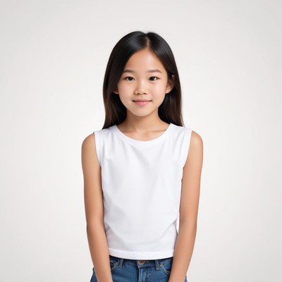 Young girl posing with a neutral expression in a white top
