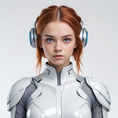 Female character in futuristic armor with headphones