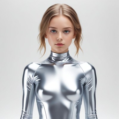 Model showcasing metallic fashion in studio setting