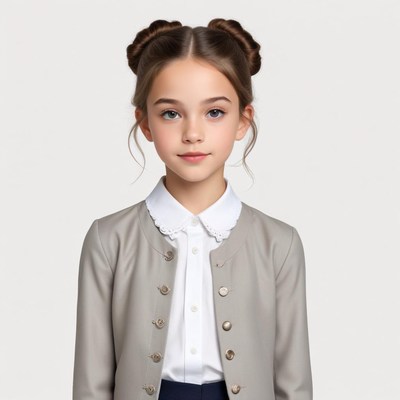 Girl with stylish hairstyle in a gray outfit by the studio