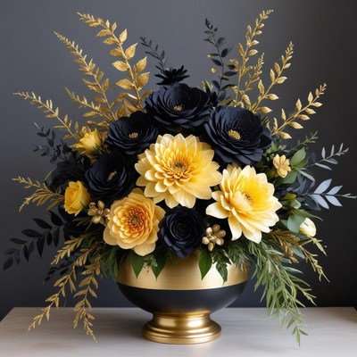 Elegant black and gold floral arrangement in a bowl