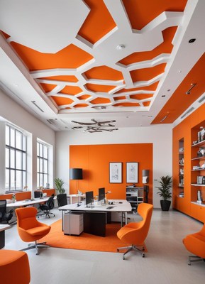 Modern office design with vibrant orange accents