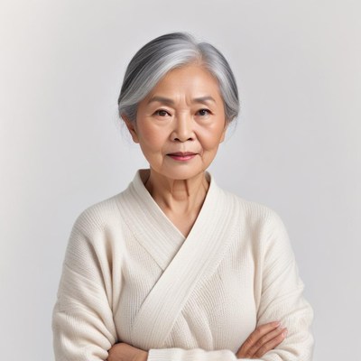 Confident elderly woman in white sweater