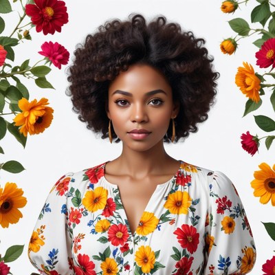 Beautiful woman in floral dress surrounded by flowers