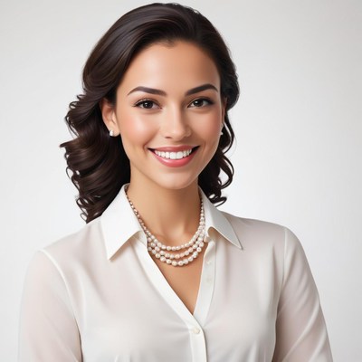 Smiling woman in white blouse with pearl necklace