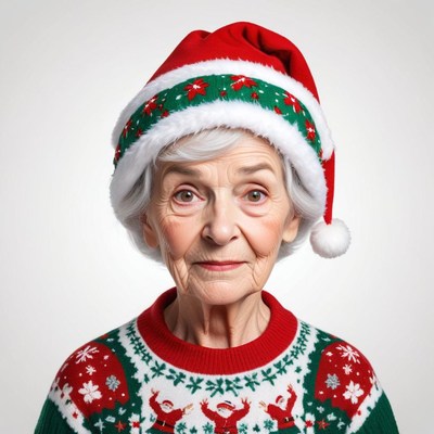 Elderly woman in christmas sweater and santa hat