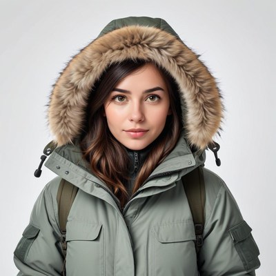 Woman in winter coat with fur hood on neutral background