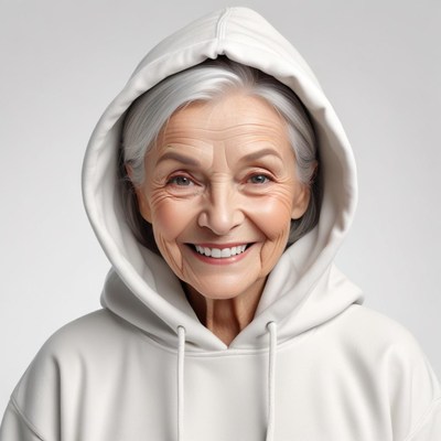 Smiling elderly woman in gray hoodie with joyful expression
