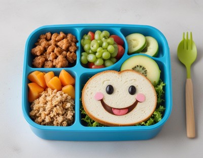 Creative lunchbox with fun character sandwich and fruits