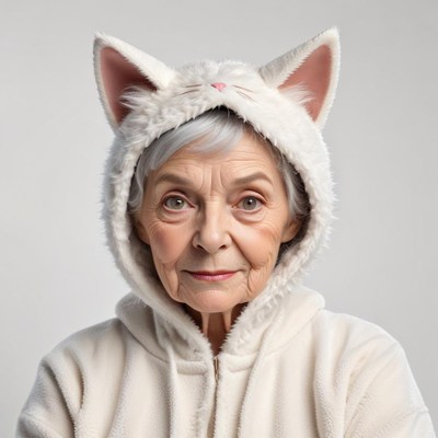 Elderly woman wearing a cat-themed hoodie with ears