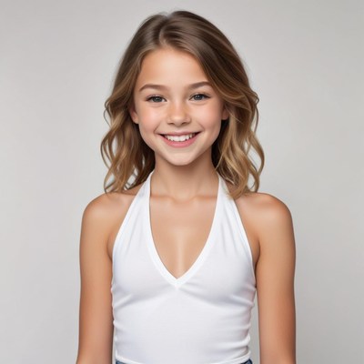 Smiling girl in a white top with wavy hair in studio