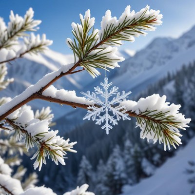 Snowflake on a pine branch in a snowy scene