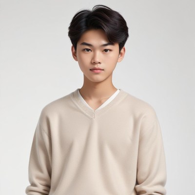 Young boy in light sweater posing with serious expression