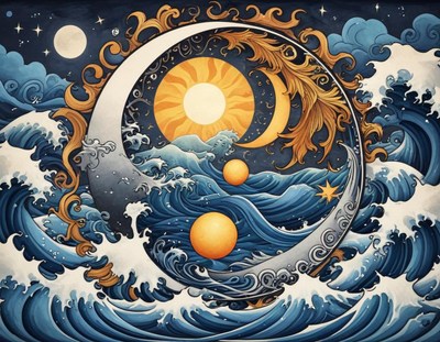 Cosmic ocean waves with sun and moon elements