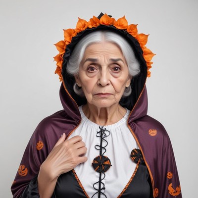 Elderly woman in a halloween costume with autumn details