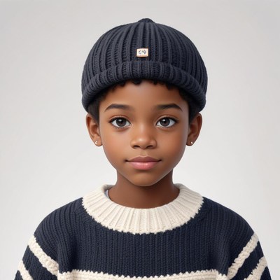 Child with a knitted hat poses in a cozy sweater