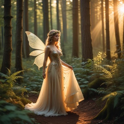 Fairy in a magical forest during golden hour