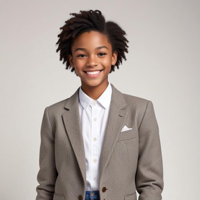 Young girl in stylish blazer smiles confidently in studio