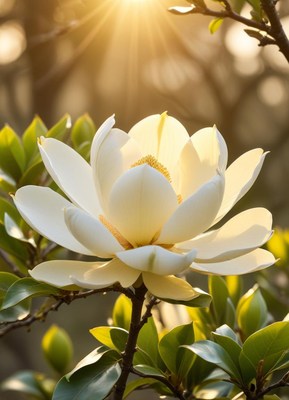 Magnolia flower blooming in sunlight during springtime