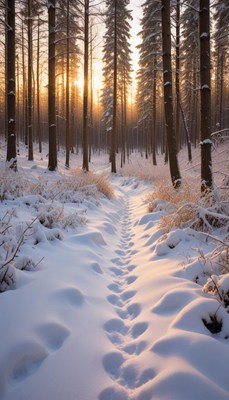 Snowy forest path at sunset with footprints in snow