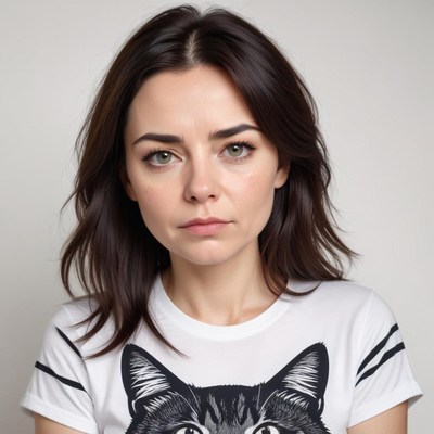 Woman with a cat graphic shirt poses for a portrait