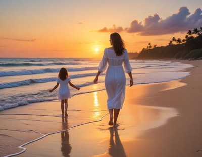 Walking along the beach at sunset with a child