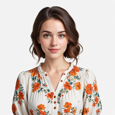 Young woman with floral blouse smiling confidently