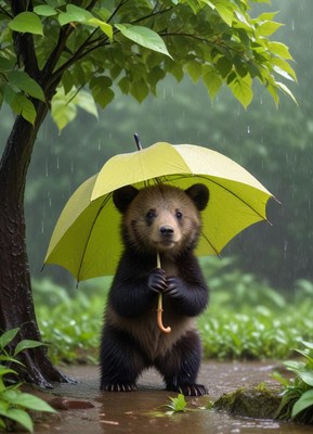 Cute bear cub stands under yellow umbrella in rain