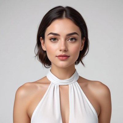 Model poses confidently in simple white top indoors