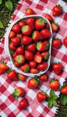Freshly picked strawberries in a picnic setting