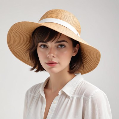 Woman in a wide-brimmed hat posing indoors for a portrait