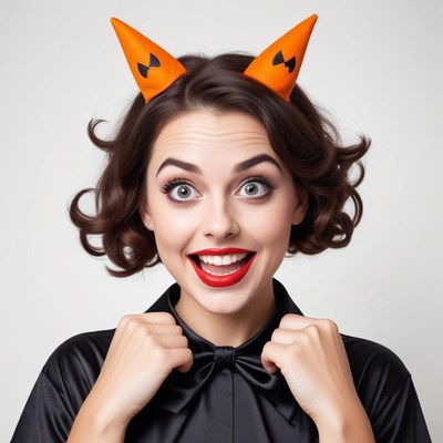 Woman with orange cat ears smiling for halloween celebration