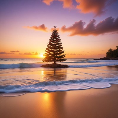 Sunset over beach with christmas tree and ocean waves