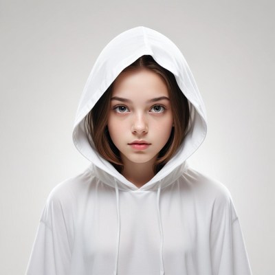 Young person in a white hoodie with focused expression