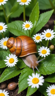 Giant brown snail exploring flowers in a garden