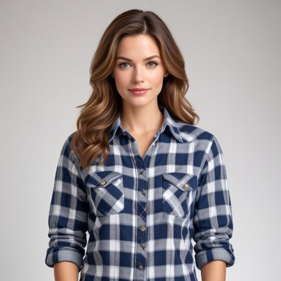 Woman wearing a blue and white checkered shirt in studio