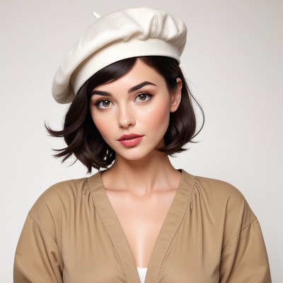 Young woman in a stylish white beret and casual outfit