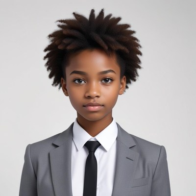 Young child in formal suit with natural hairstyle