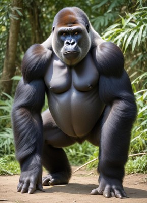 Powerful gorilla standing in lush green forest