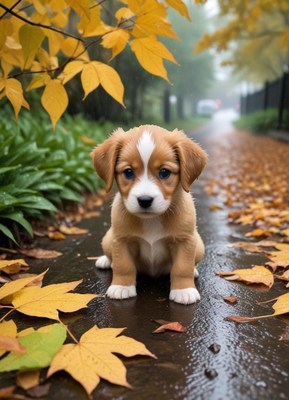 Puppy on pavement, surrounded by autumn leaves
