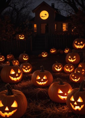Halloween night with glowing pumpkins in a rural setting