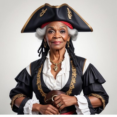 Elderly woman dressed as a pirate, posed confidently