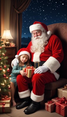 Santa shares gifts with a child on christmas eve